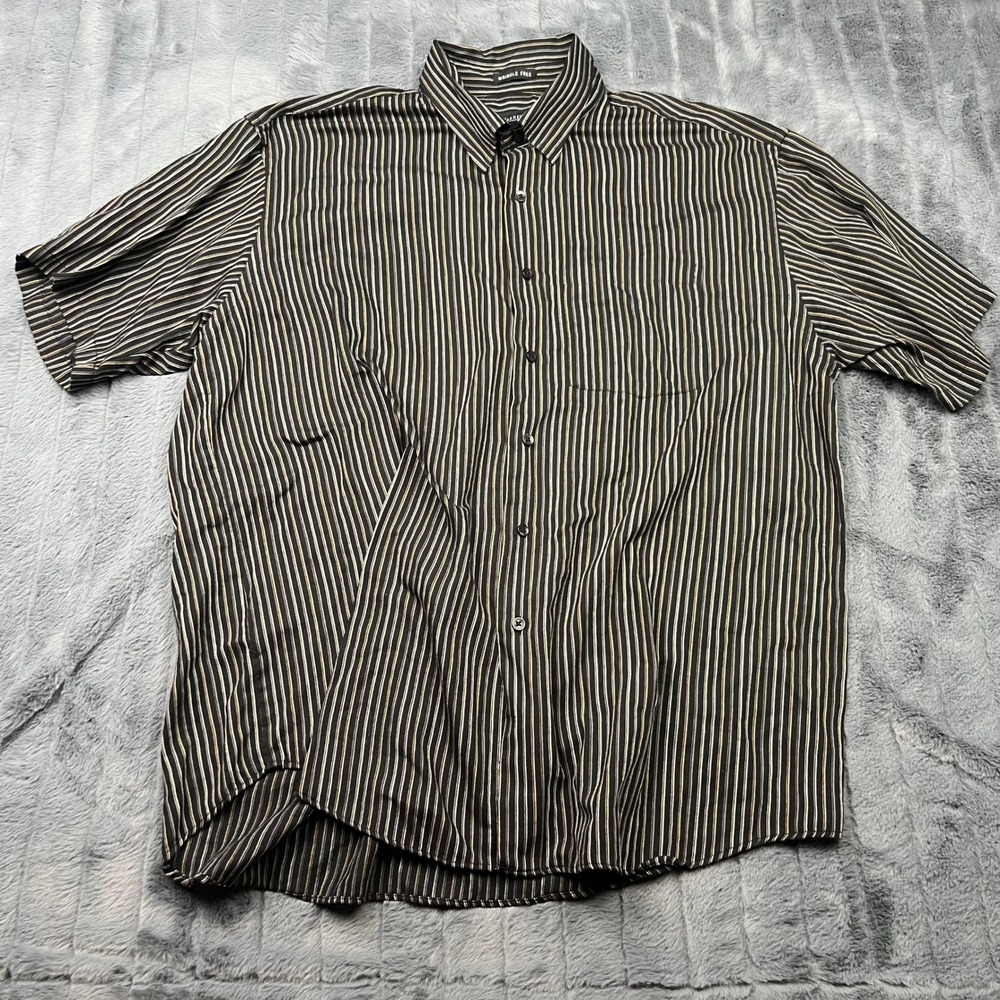 Van Heusen Mens XL Black Striped Short Sleeve Wrinkle Free Button Down Shirt